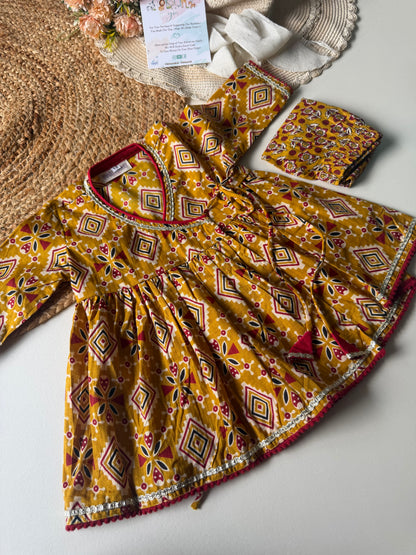 Pure Cotton Angarkha Kurti with Pant - Mustard