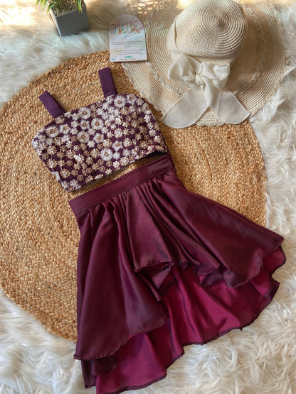 Wine Floral Embroidery Drape Skirt