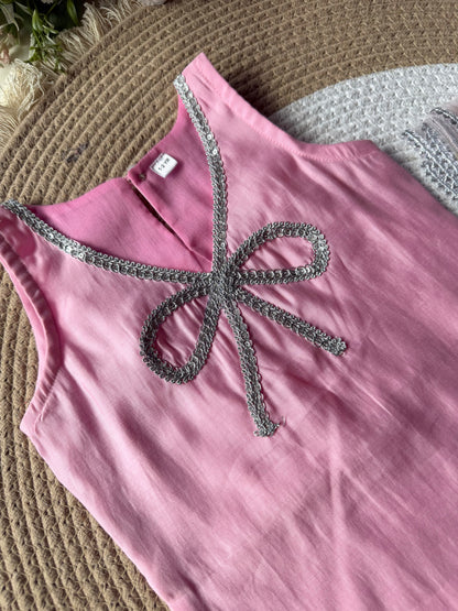 Baby Pink Modal Bow Kurti with Pant & Dupatta