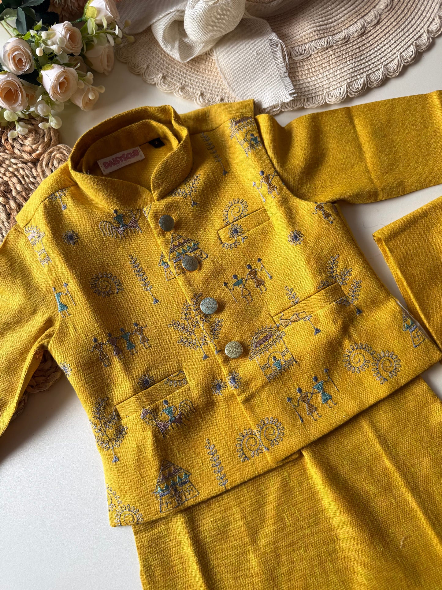 Designer Linen Hand Embroidery Mustard Jacket Kurta Set