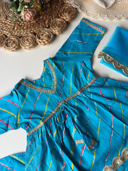 Pure Cotton Lehariya Kurti with Pant & Dupatta- Sky Bkue