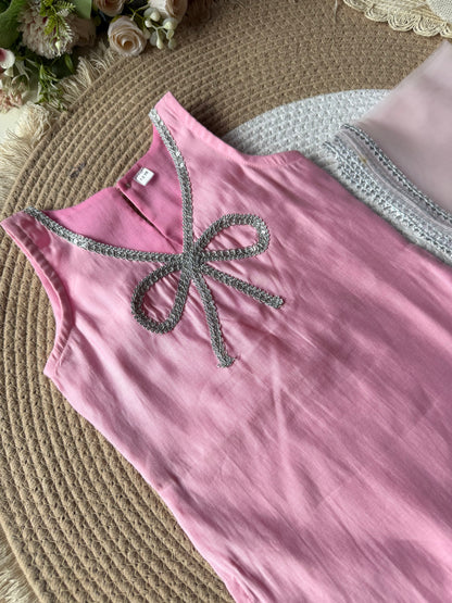 Baby Pink Modal Bow Kurti with Pant & Dupatta