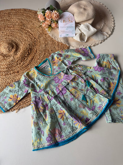 Pure Cotton Angarkha Kurti with Pant - Floral Pastel Blue