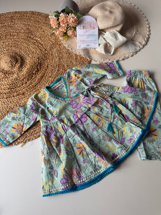 Pure Cotton Angarkha Kurti with Pant - Floral Pastel Blue