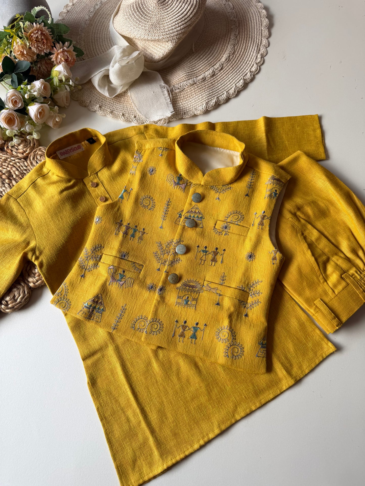Designer Linen Hand Embroidery Mustard Jacket Kurta Set