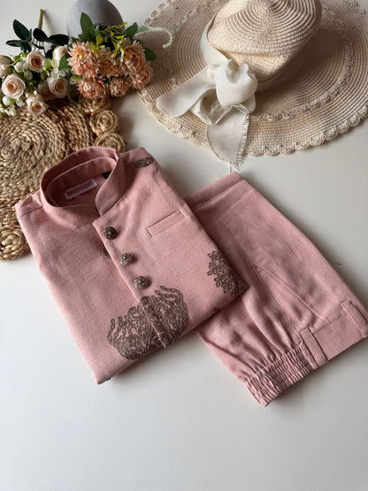Designer Linen look Floral Pink Embroidery Jacket Kurta Set