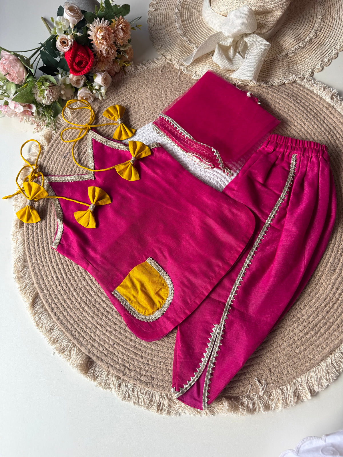 Chanderi Hot Pink Kurti with Pant & Dupatta