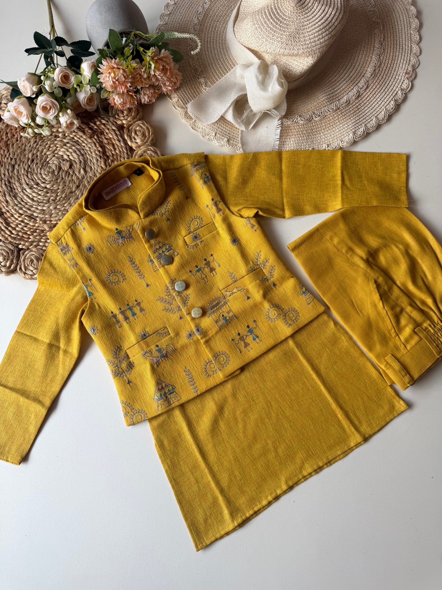 Designer Linen Hand Embroidery Mustard Jacket Kurta Set