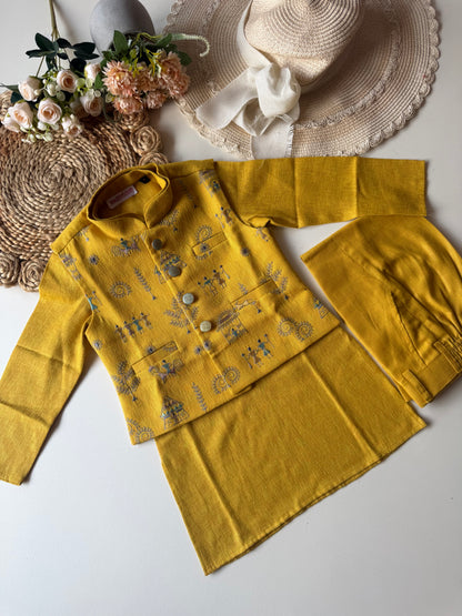 Designer Linen Hand Embroidery Mustard Jacket Kurta Set
