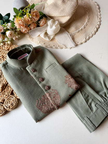 Designer Linen look Floral Sage Green Embroidery Jacket Kurta Set