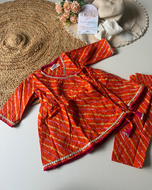 Pure Cotton Angarkha Kurti with Pant - Lehariya Orange