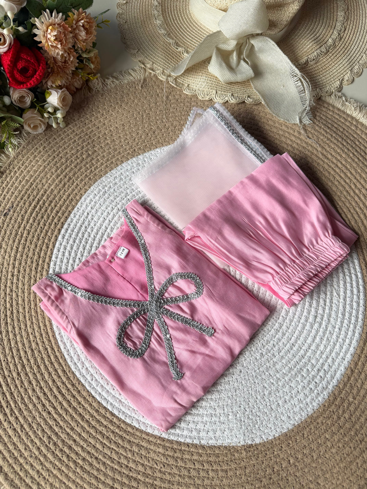 Baby Pink Modal Bow Kurti with Pant & Dupatta