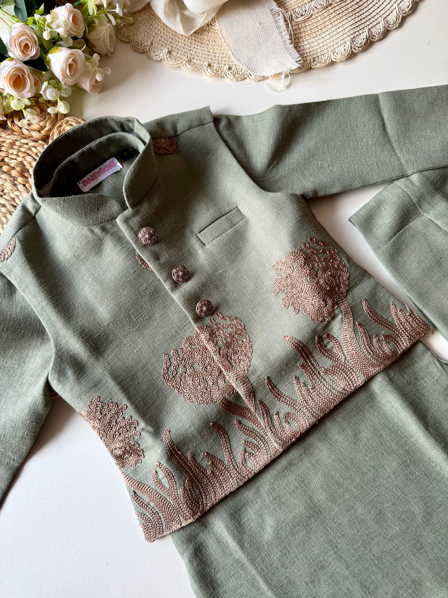 Designer Linen look Floral Sage Green Embroidery Jacket Kurta Set