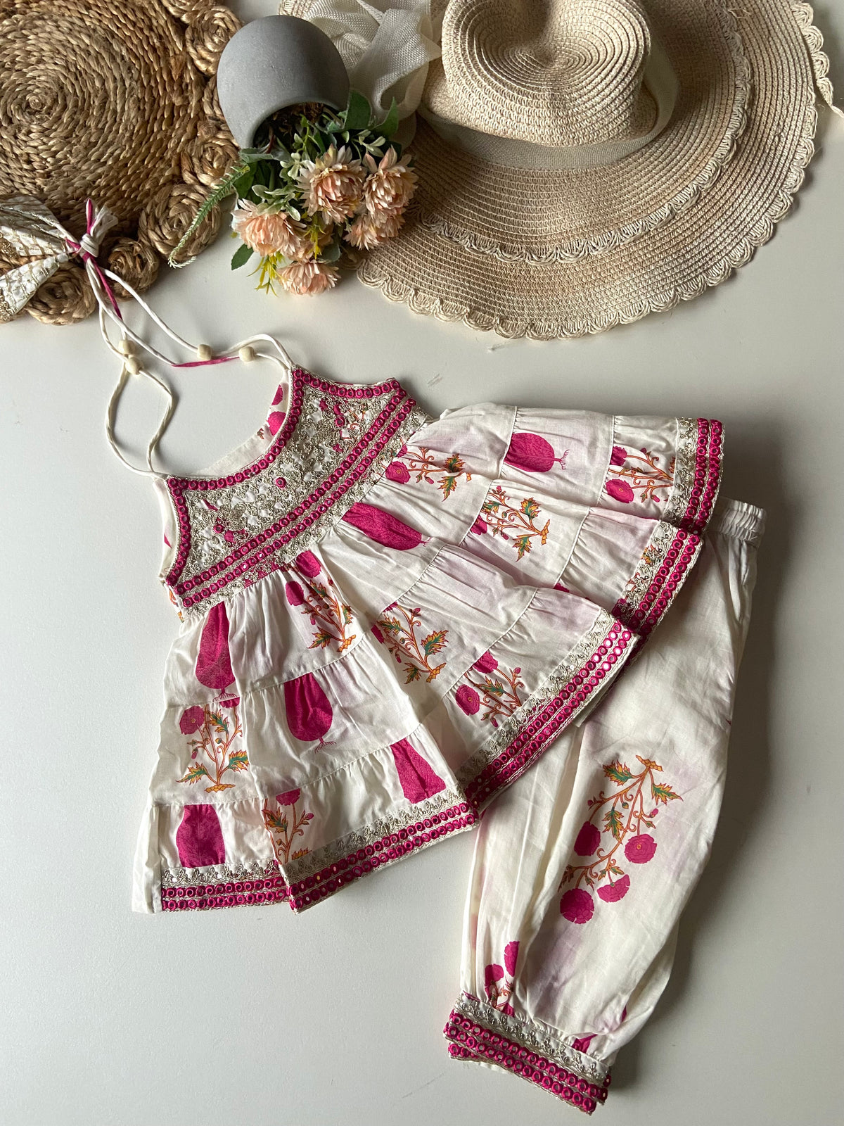 Pure cotton Layered Top with Afghani Pants - Pink