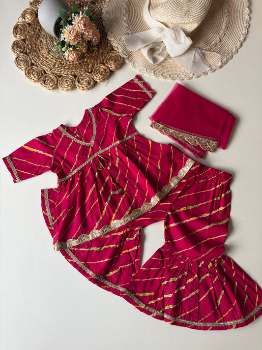 Pure Cotton Lehariya Kurti with Pant & Dupatta- Pink