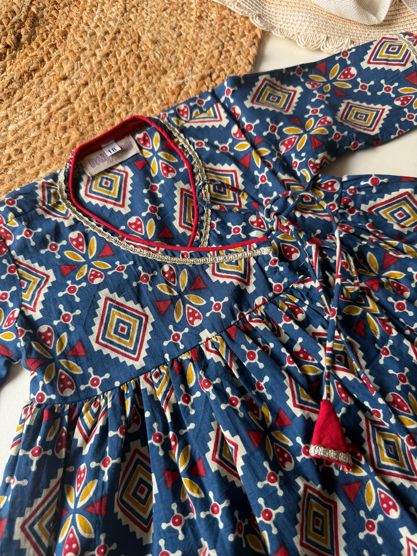 Pure Cotton Angarkha Kurti with Pant - Indigo Blue
