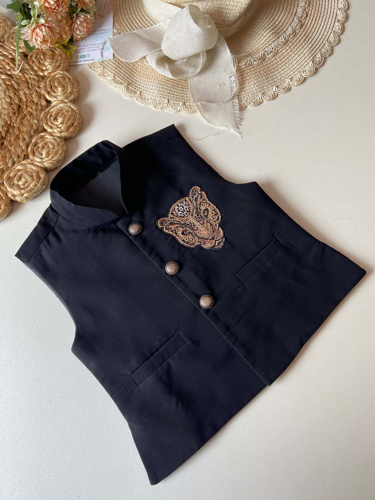 Black Kurta Set with Golden Tiger Sequin Embroidered Waistcoat