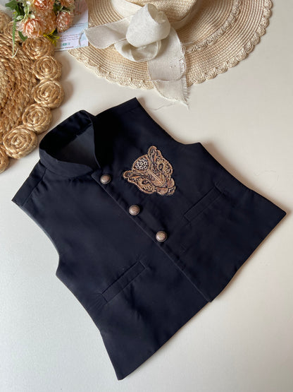 Black Kurta Set with Golden Tiger Sequin Embroidered Waistcoat