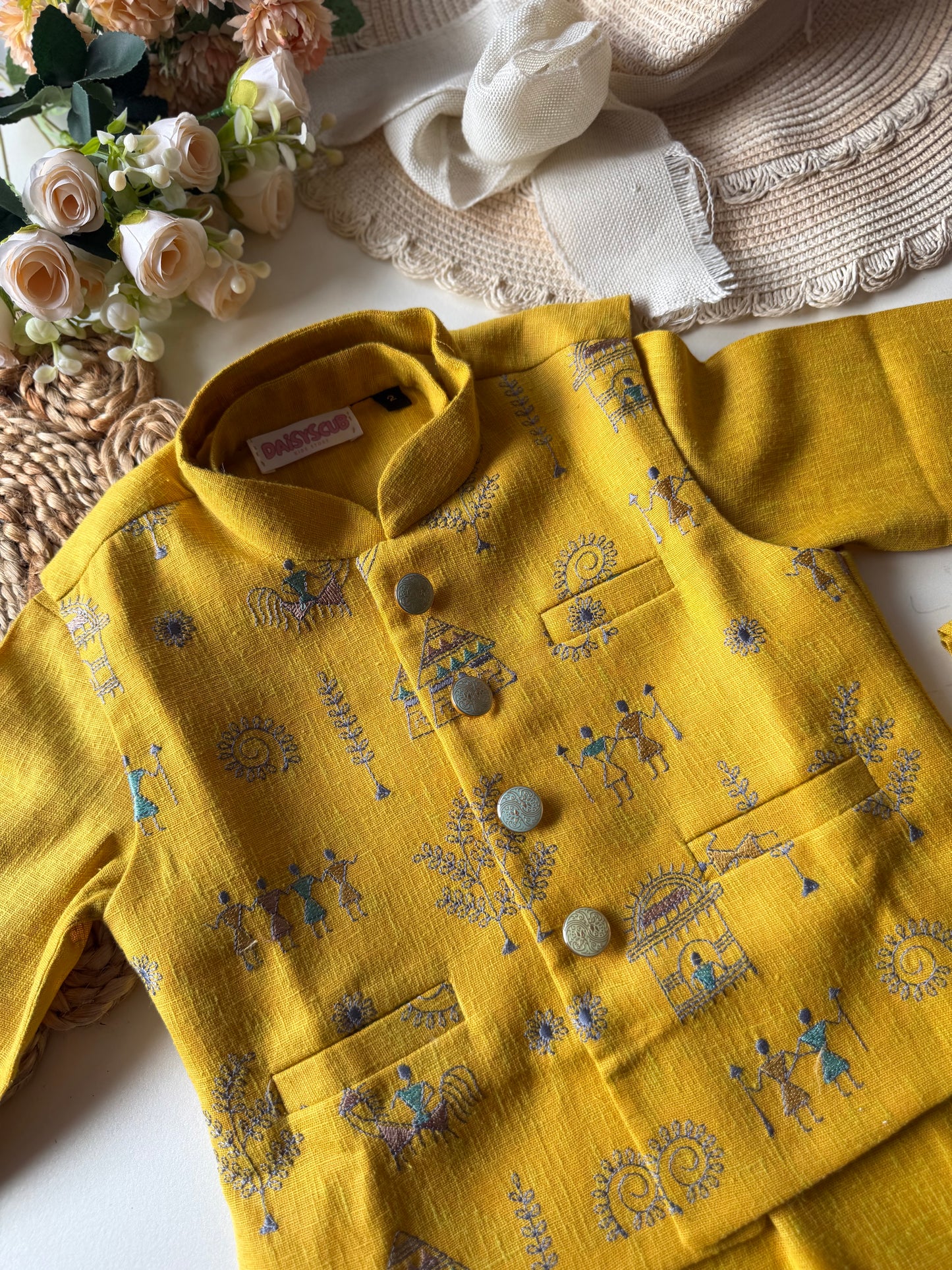 Designer Linen Hand Embroidery Mustard Jacket Kurta Set