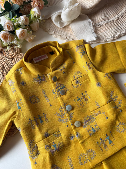 Designer Linen Hand Embroidery Mustard Jacket Kurta Set