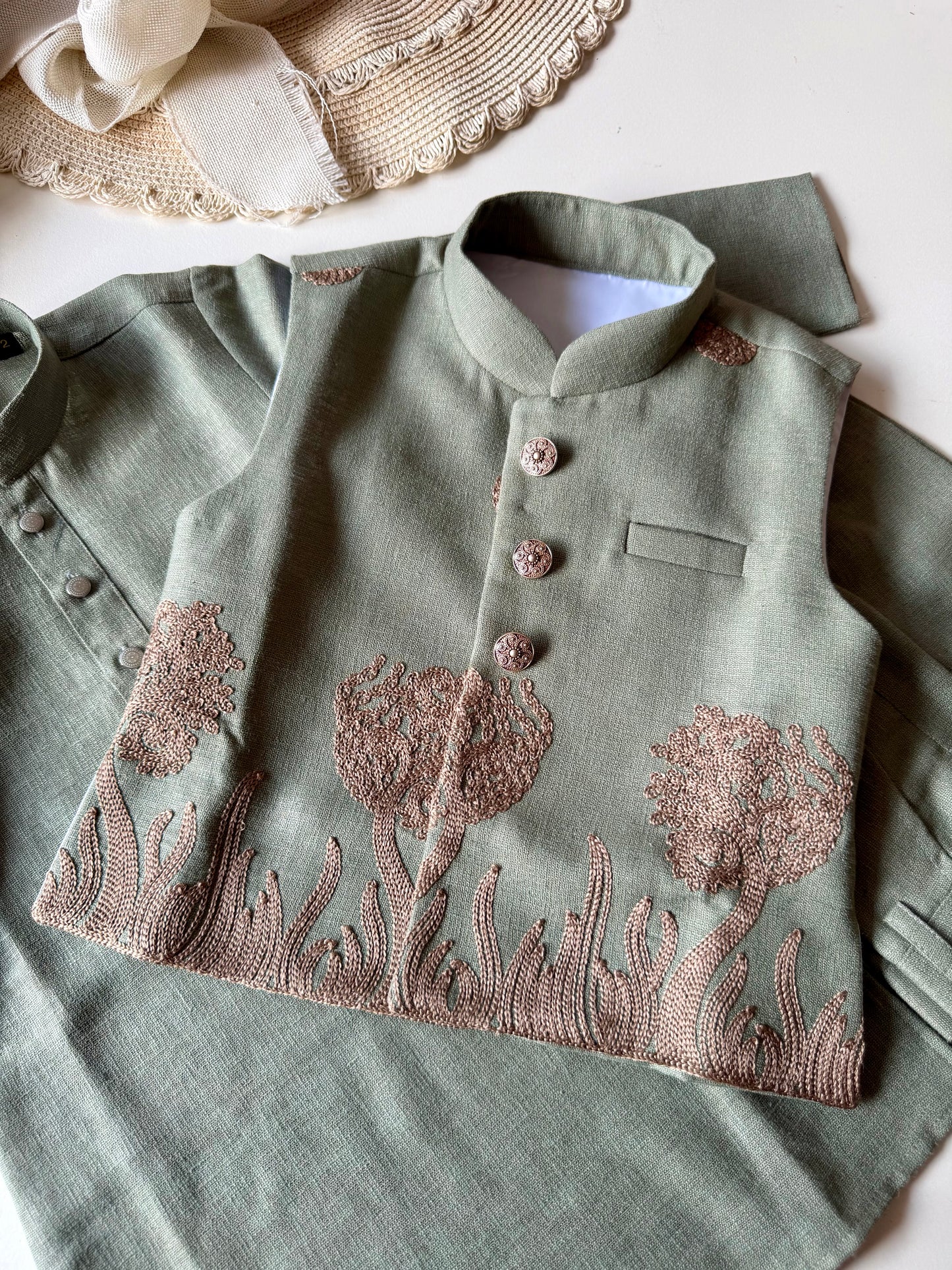 Designer Linen look Floral Sage Green Embroidery Jacket Kurta Set