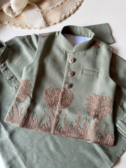 Designer Linen look Floral Sage Green Embroidery Jacket Kurta Set