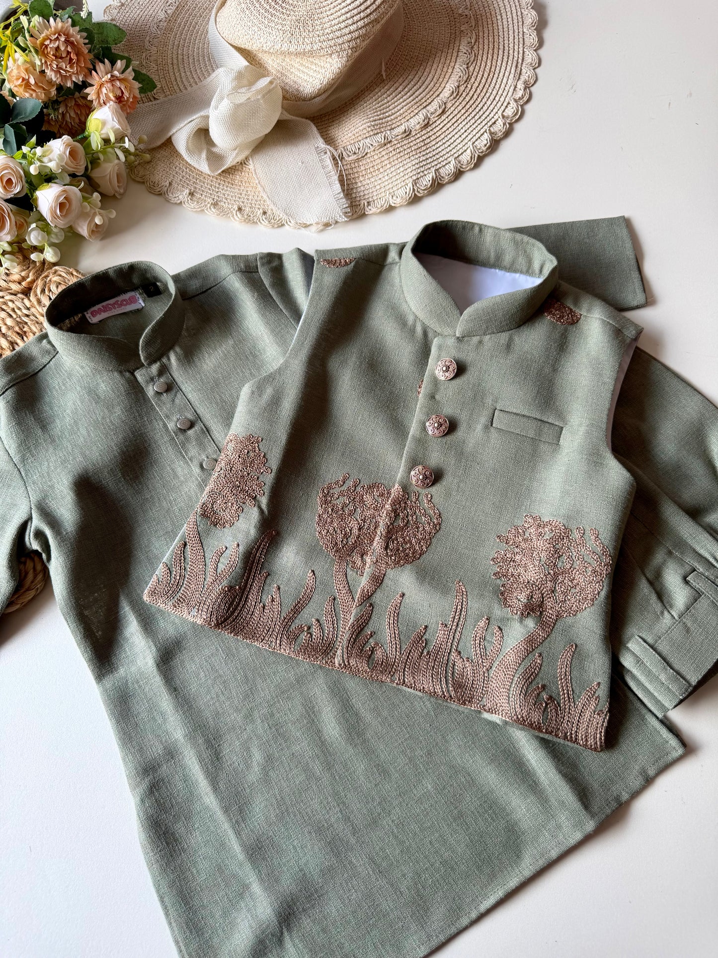 Designer Linen look Floral Sage Green Embroidery Jacket Kurta Set