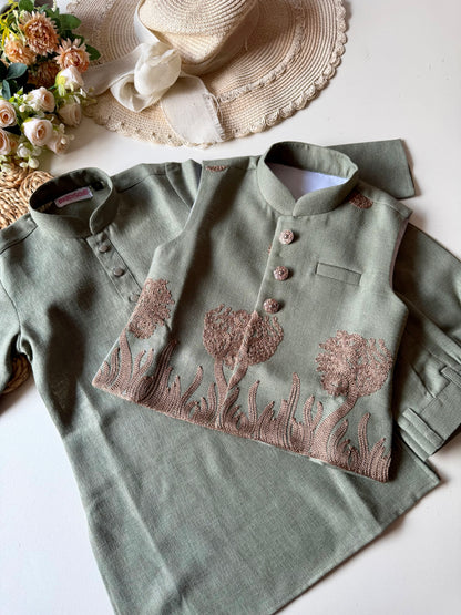Designer Linen look Floral Sage Green Embroidery Jacket Kurta Set