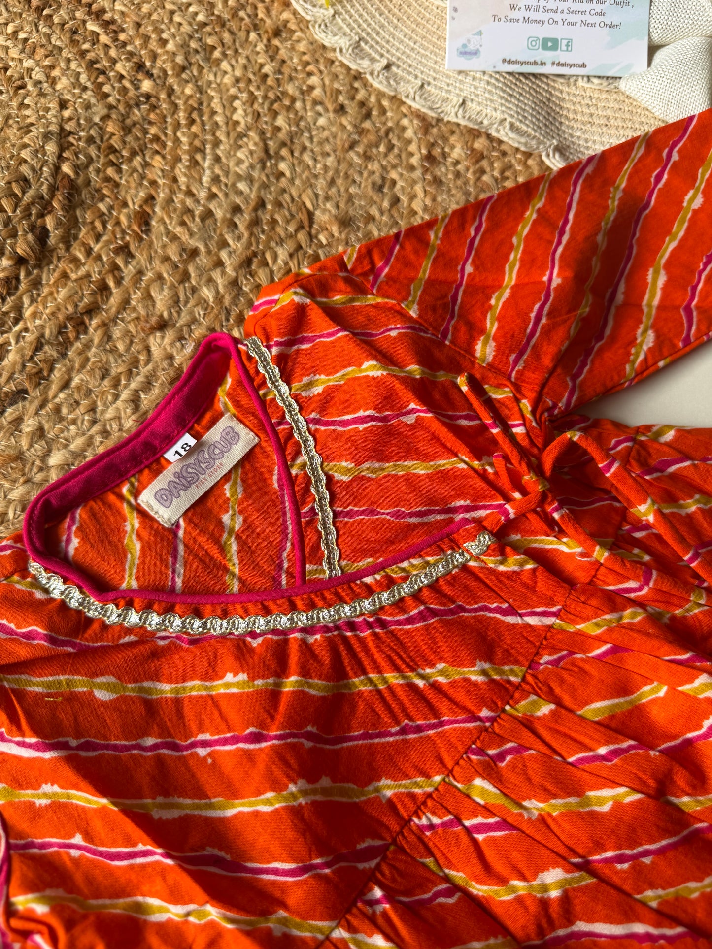 Pure Cotton Angarkha Kurti with Pant - Lehariya Orange
