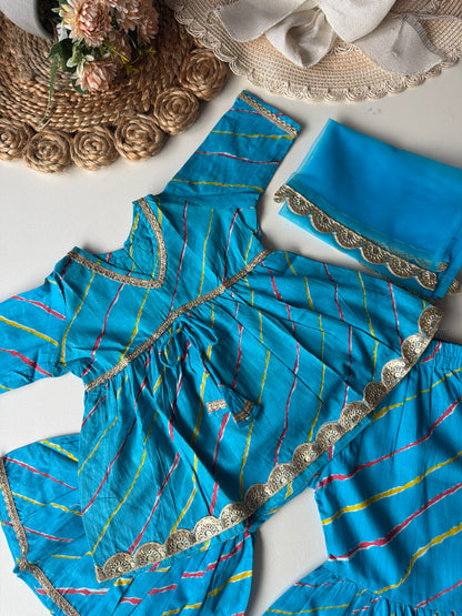 Pure Cotton Lehariya Kurti with Pant & Dupatta- Sky Bkue
