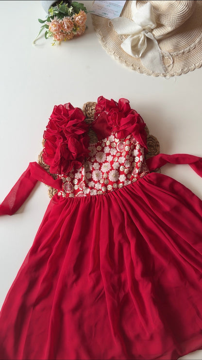 Georgette Thread Embroidery Frilled Gown