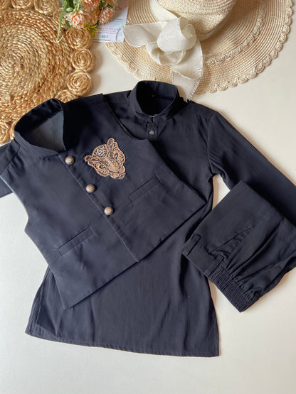 Black Kurta Set with Golden Tiger Sequin Embroidered Waistcoat