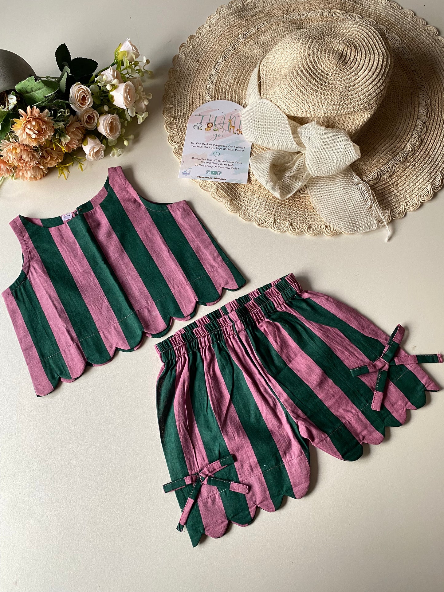 Multicolour Stripe Scalloped Pure Cotton Coord set
