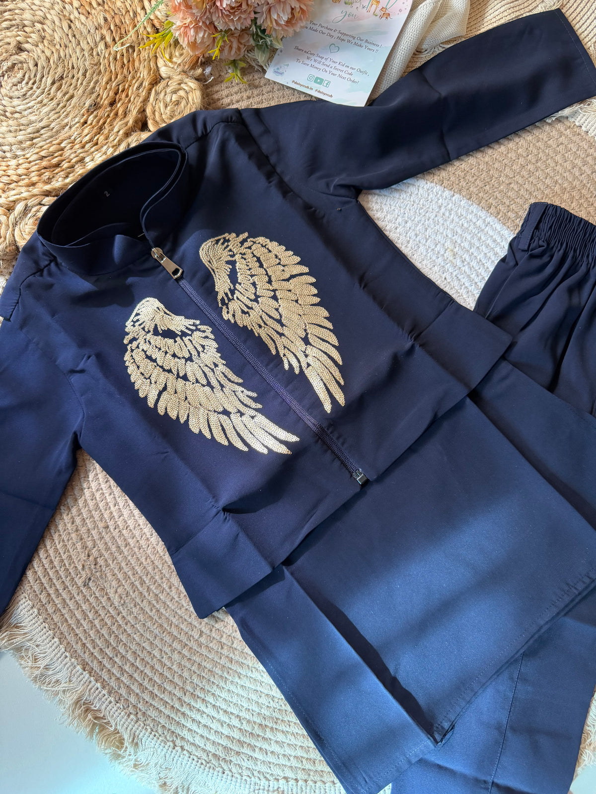 Navy Blue Boys Wing Embroidered Jacket , Kurta & Trouser Set