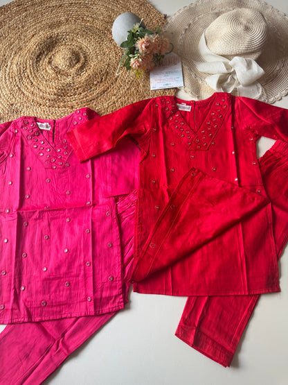 Jam cotton Mirror Embroidery Kurta set in 2 colours