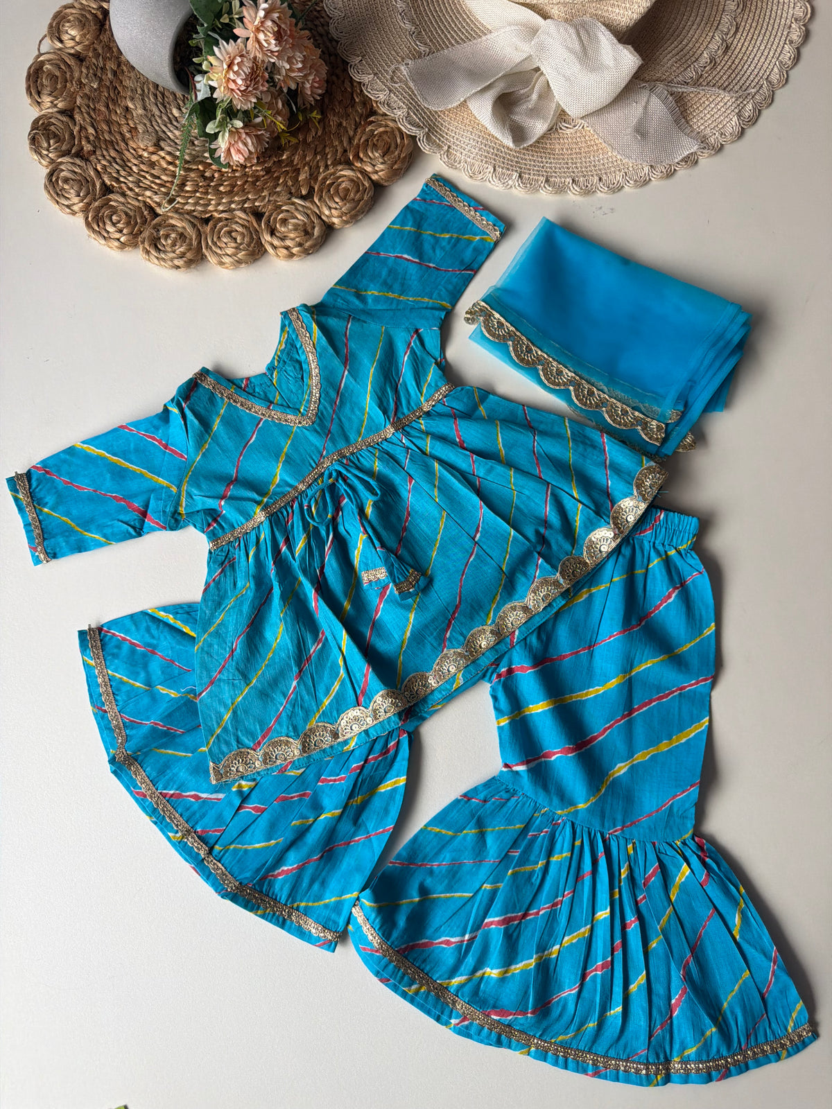 Pure Cotton Lehariya Kurti with Pant & Dupatta- Sky Bkue