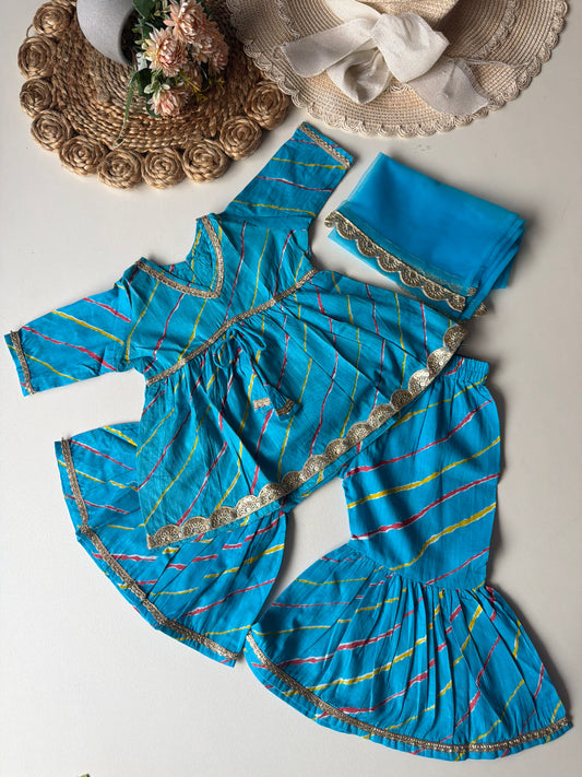 Pure Cotton Lehariya Kurti with Pant & Dupatta- Sky Bkue