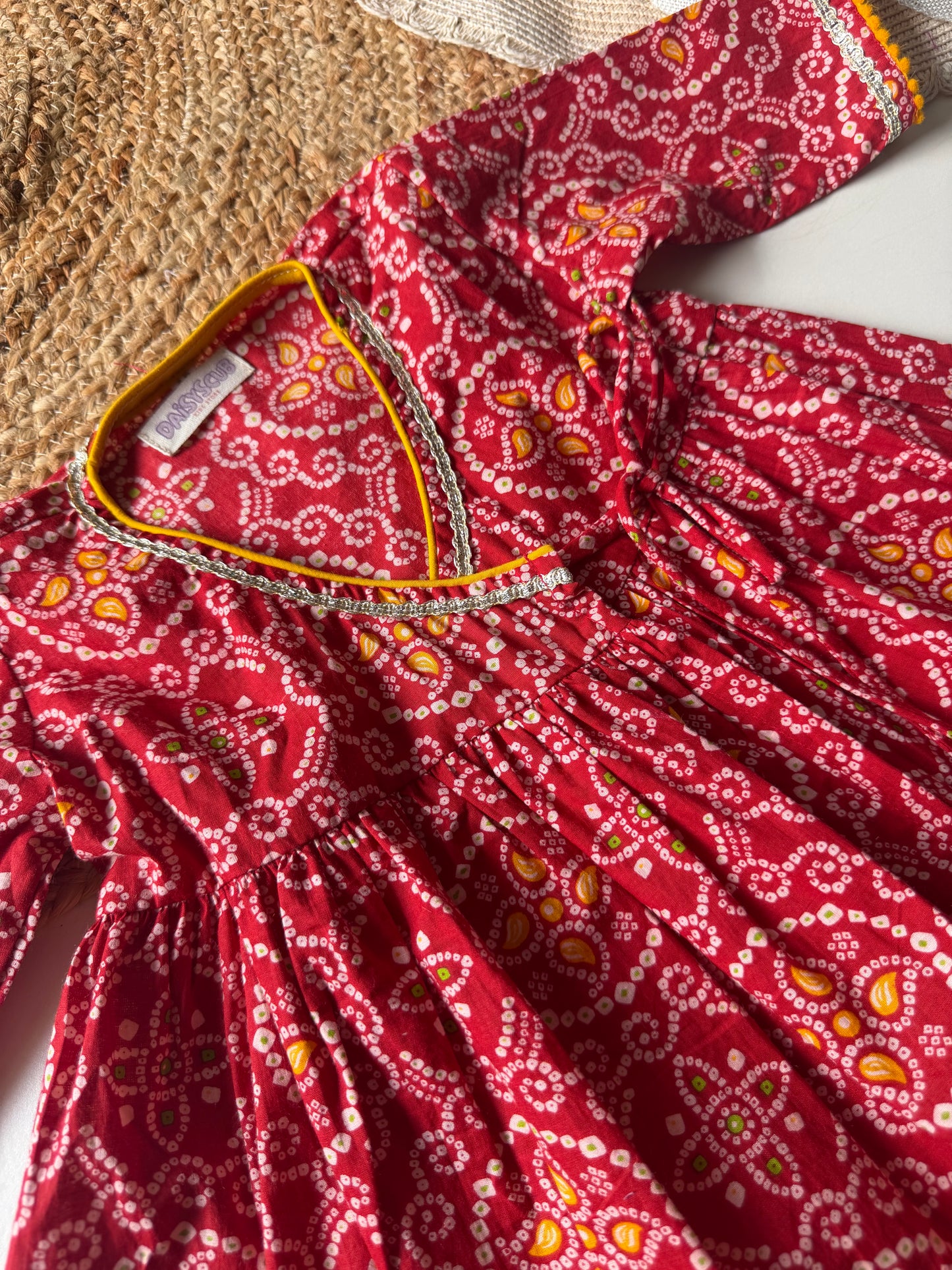Pure Cotton Angarkha Kurti with Pant - Bandhani Red