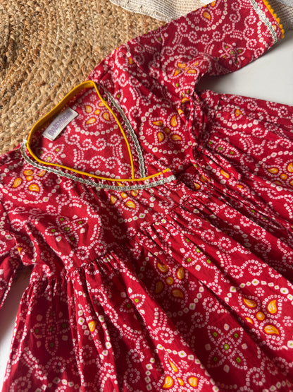 Pure Cotton Angarkha Kurti with Pant - Bandhani Red