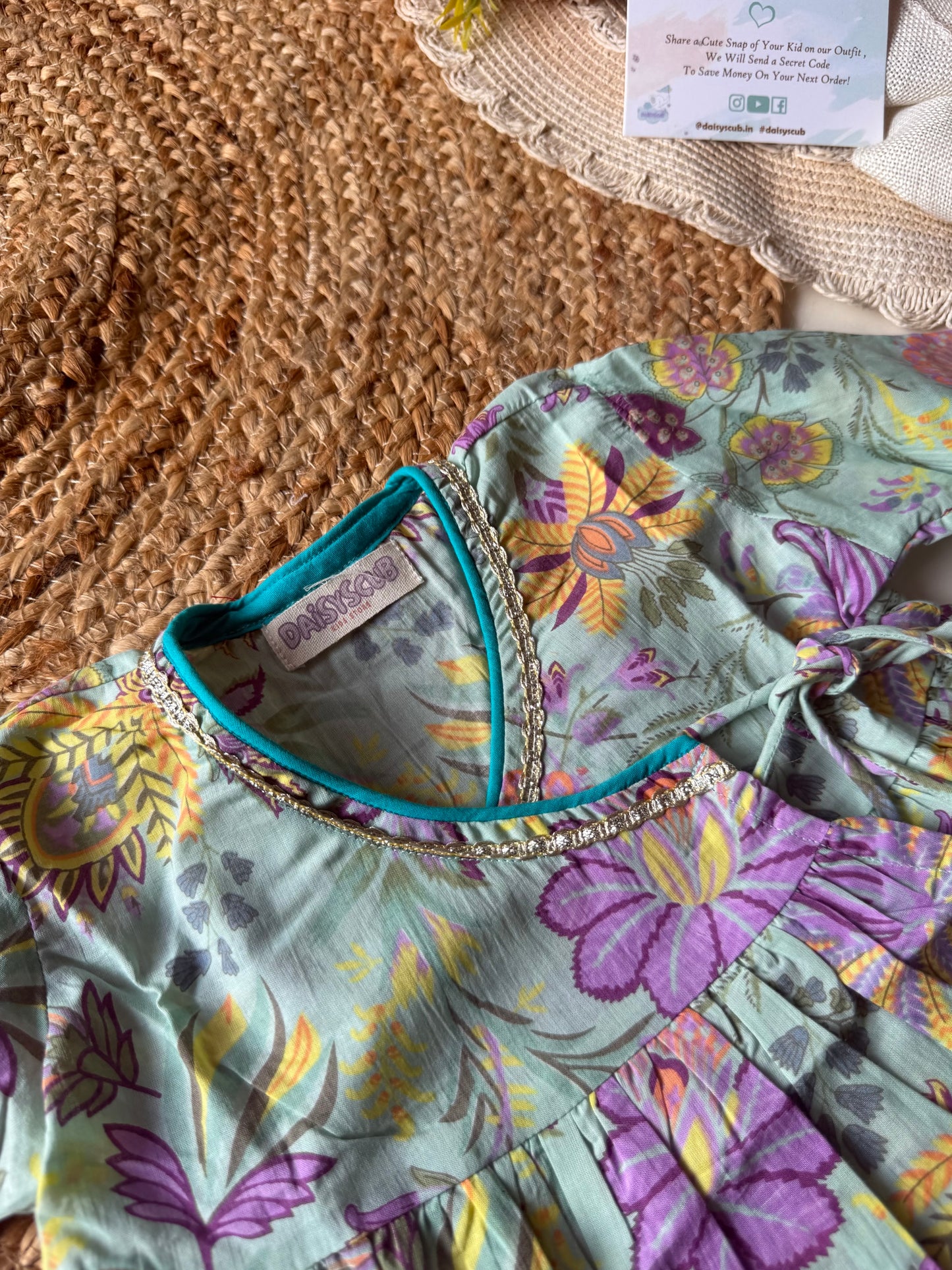 Pure Cotton Angarkha Kurti with Pant - Floral Pastel Blue