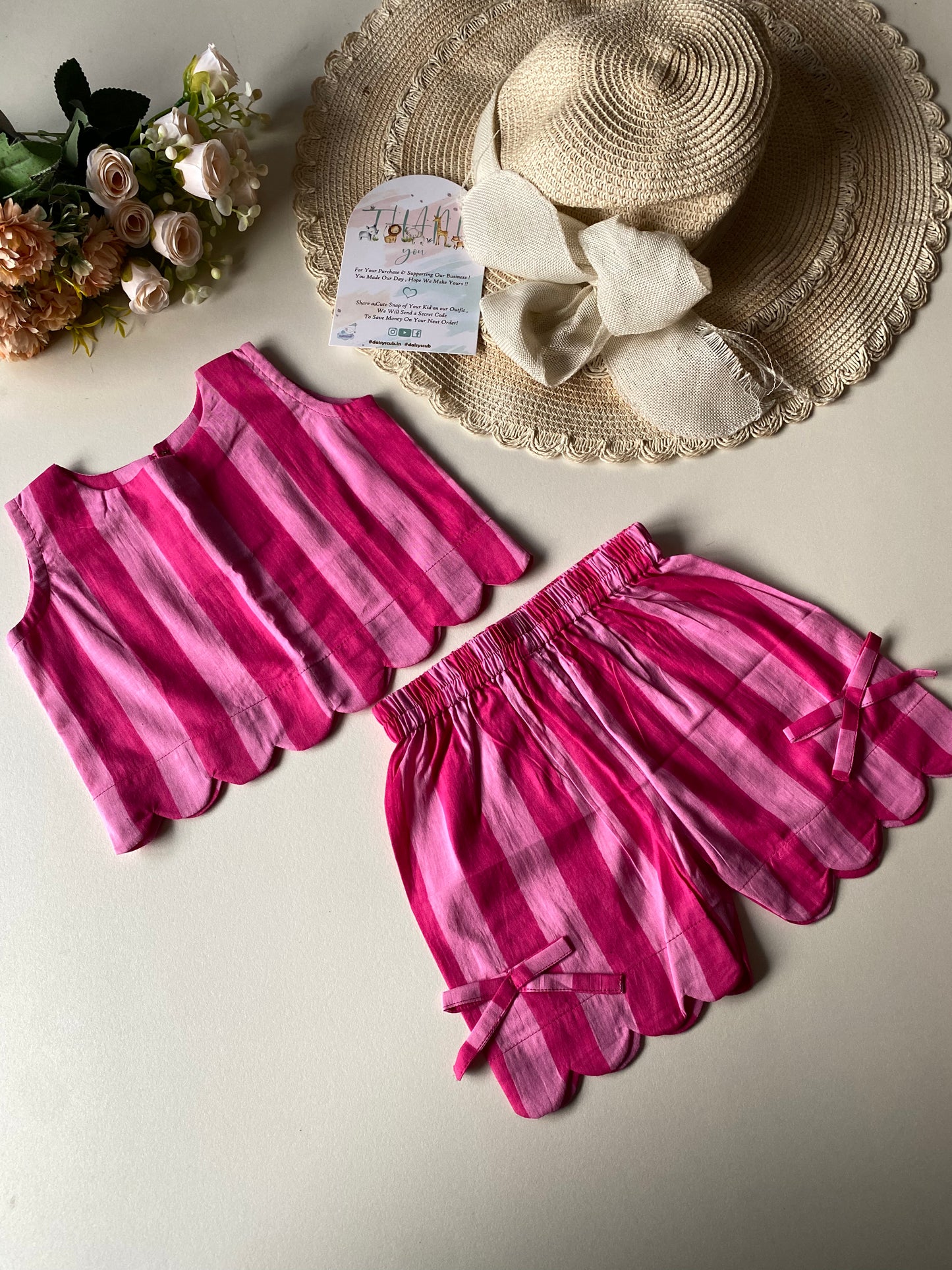 Pink Stripe Scalloped Pure Cotton Coord set