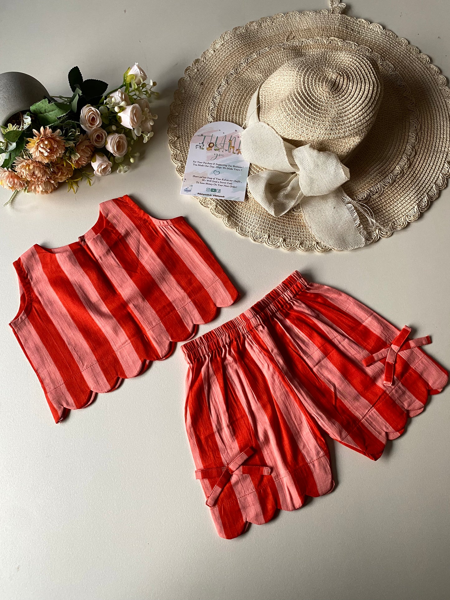 Orange Stripe Scalloped Pure Cotton Coord set
