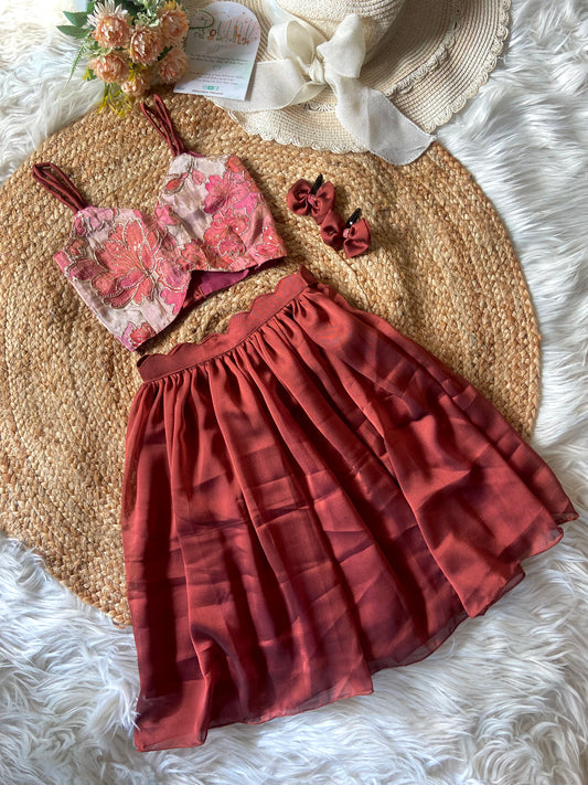 Rust Orange Chinnon Embellished Lehenga