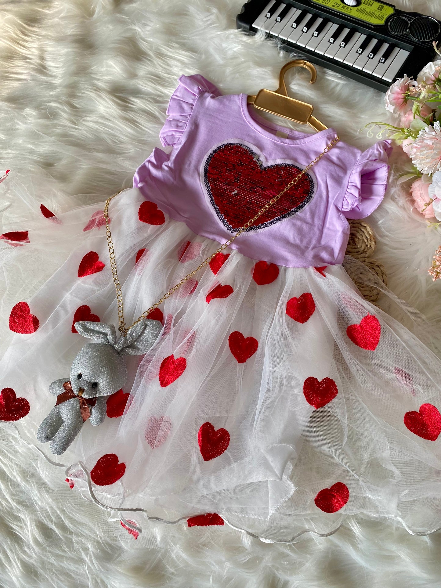 Shimmer Heart Frock With Toy Sling Bag