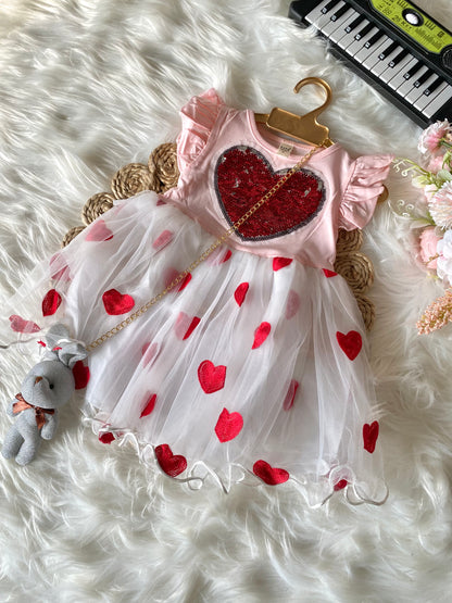 Shimmer Heart Frock With Toy Sling Bag