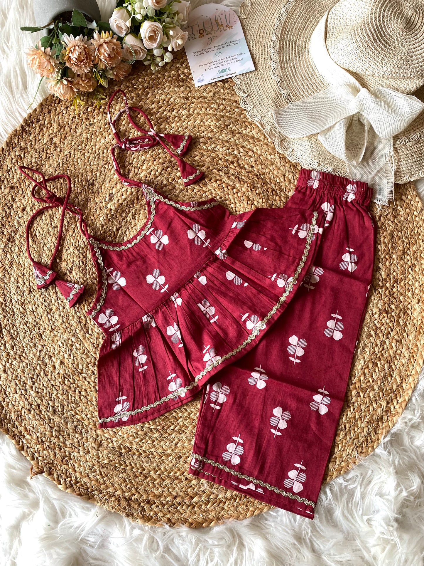 Cotton Floral Peplum Coord set in Maroon Color