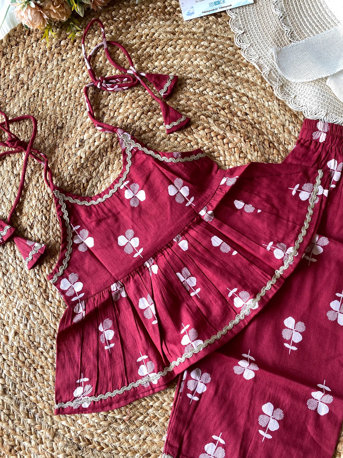 Cotton Floral Peplum Coord set in Maroon Color