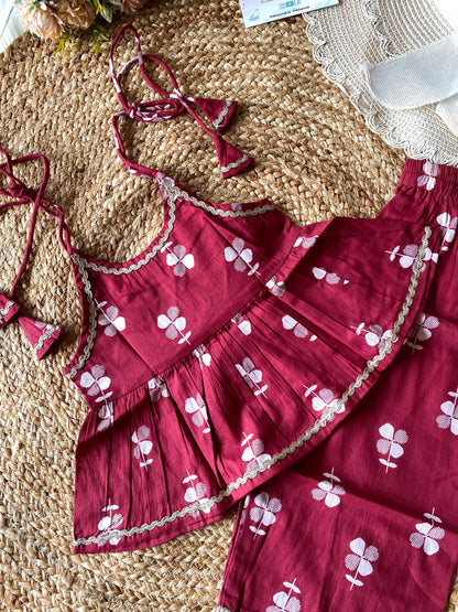 Cotton Floral Peplum Coord set in Maroon Color