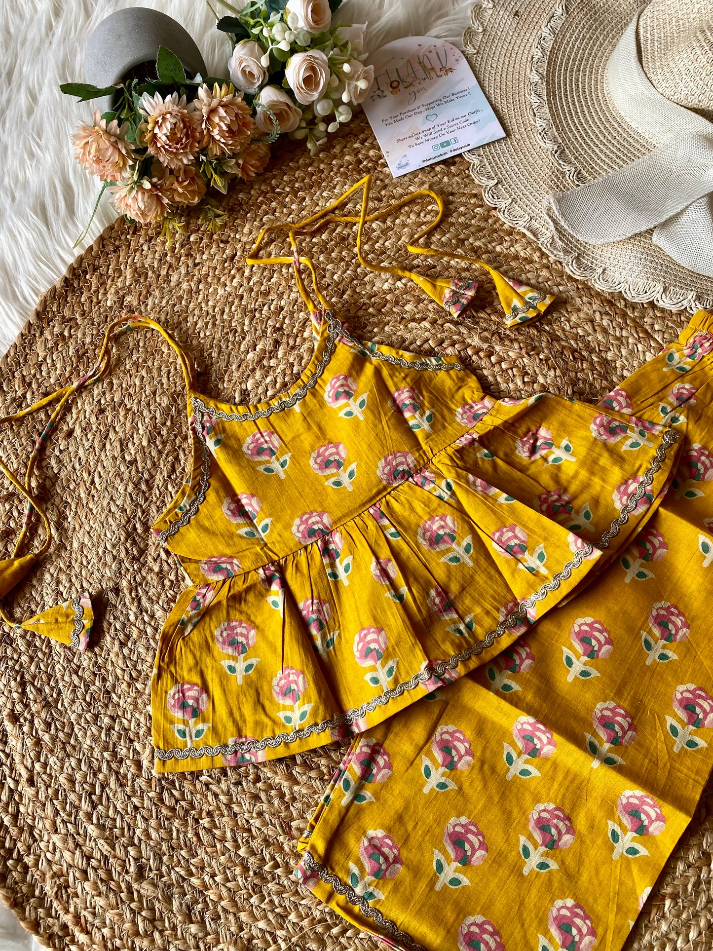 Cotton Floral Peplum Coord set in Yellow Color