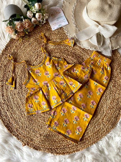 Cotton Floral Peplum Coord set in Yellow Color